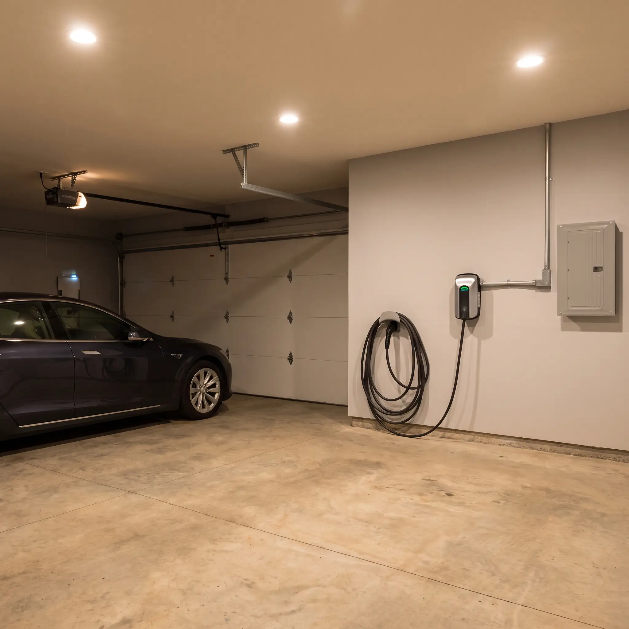 A Level 2 EV charger on a garage wall beside the panel, with the cable coiled on its hook