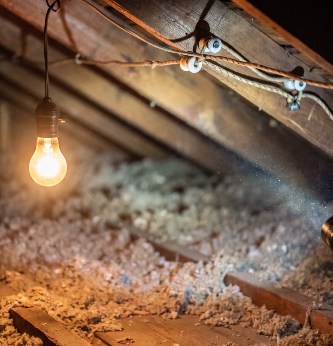Old cloth-covered knob and tube wiring on ceramic knobs across the rafters of a pre-war attic