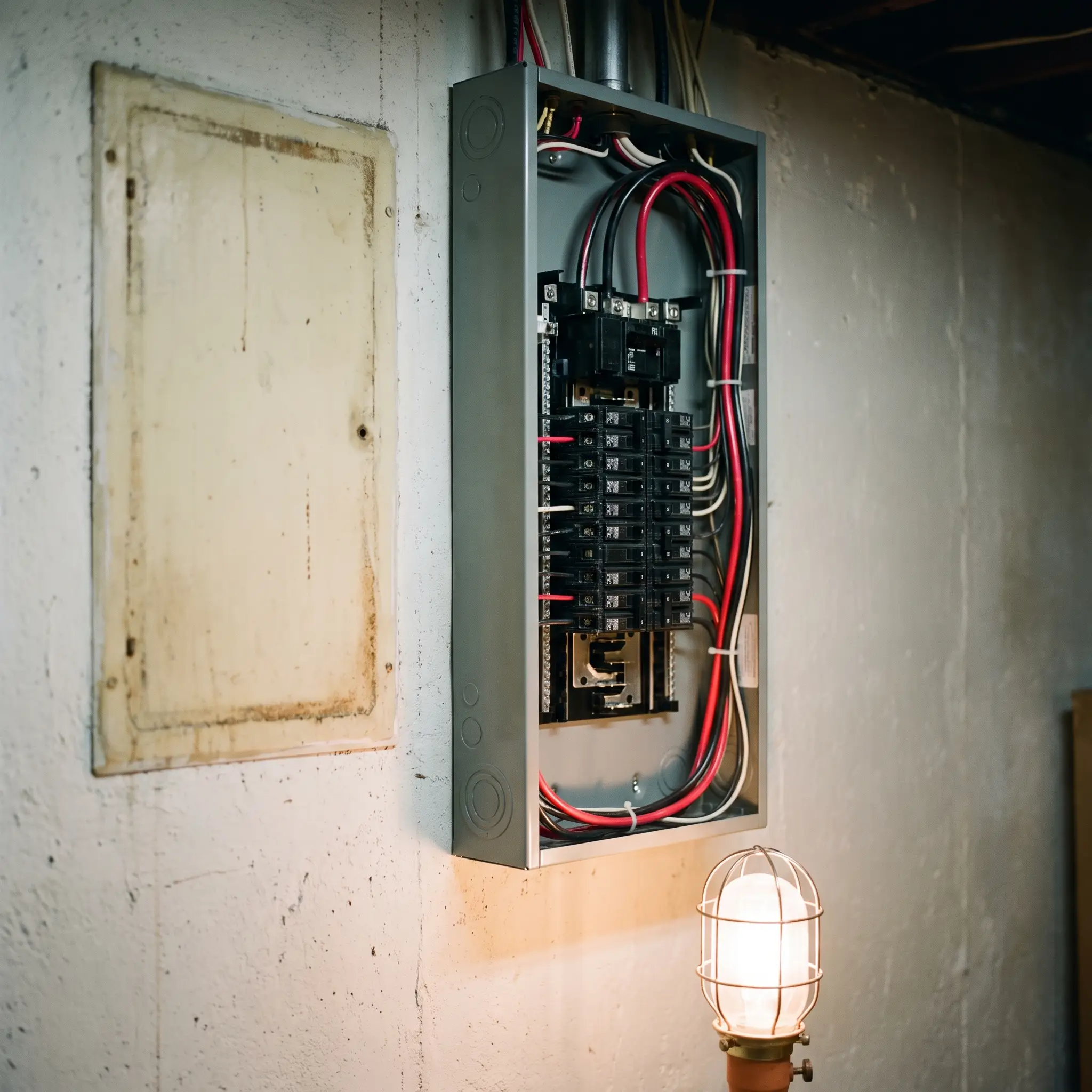 A new 200 amp residential panel with the cover off and every breaker landed and tied, the end of a service upgrade