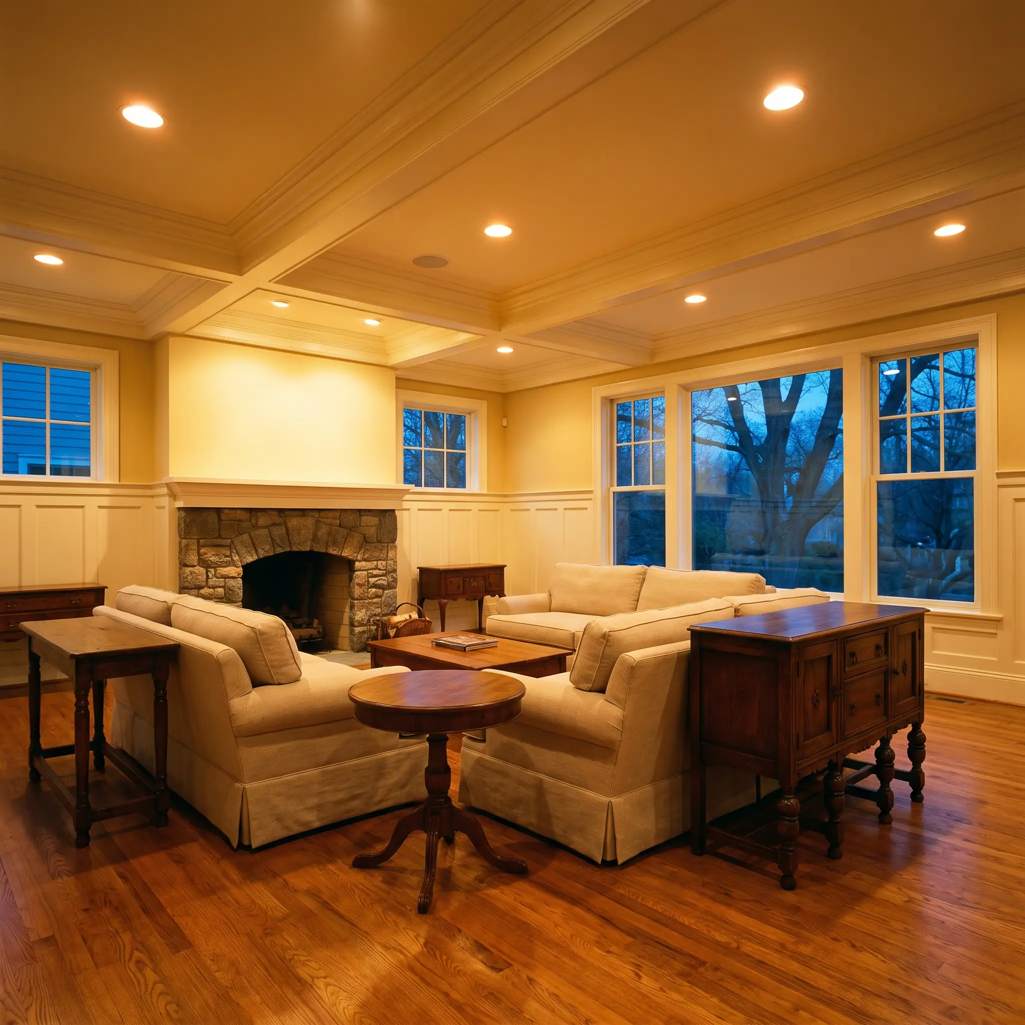 A living room with a coffered ceiling lit by recessed lighting at dusk