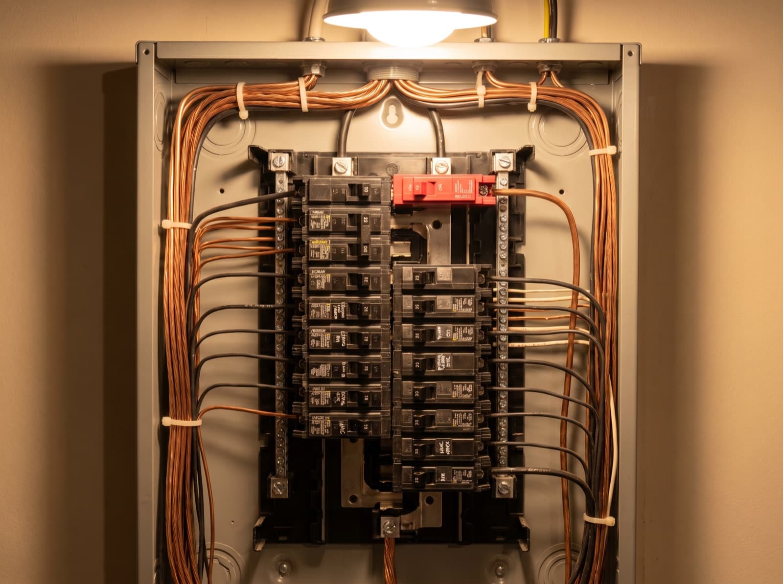 The inside of an open electrical panel with neatly dressed and labelled breakers, one dedicated circuit per load