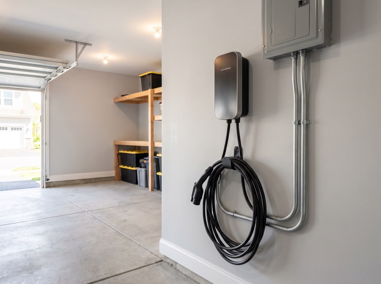 A wall mounted Level 2 charger in a garage, conduit run from the panel beside it
