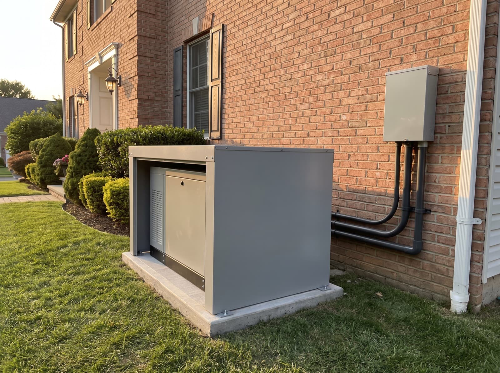 A standby generator on a concrete pad beside a brick house, conduit run up the wall to the disconnect