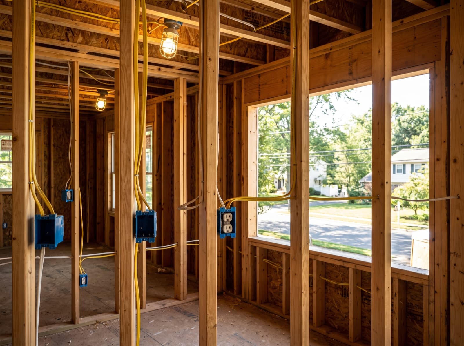 Rough-in wiring run through timber studs with blue boxes set at height