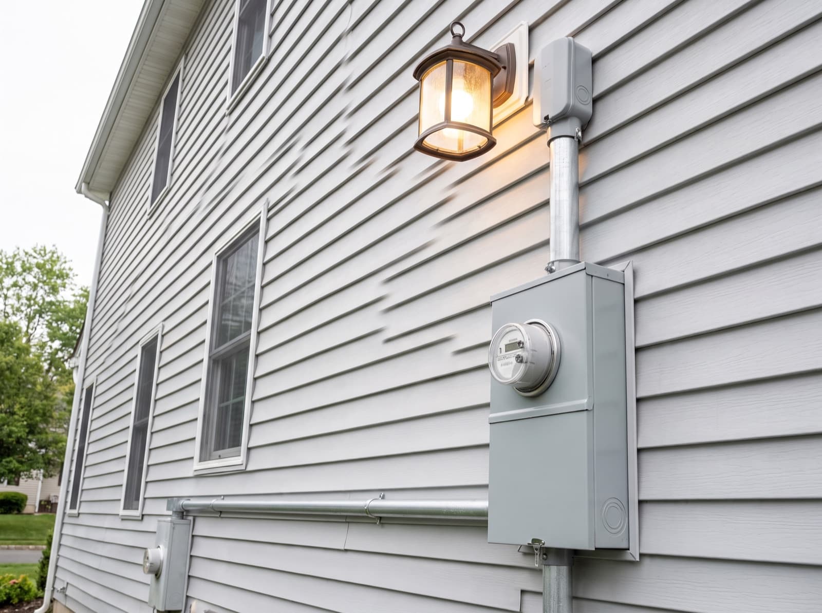 A meter socket and new service conduit on the side of a vinyl sided house, the outside half of a panel replacement